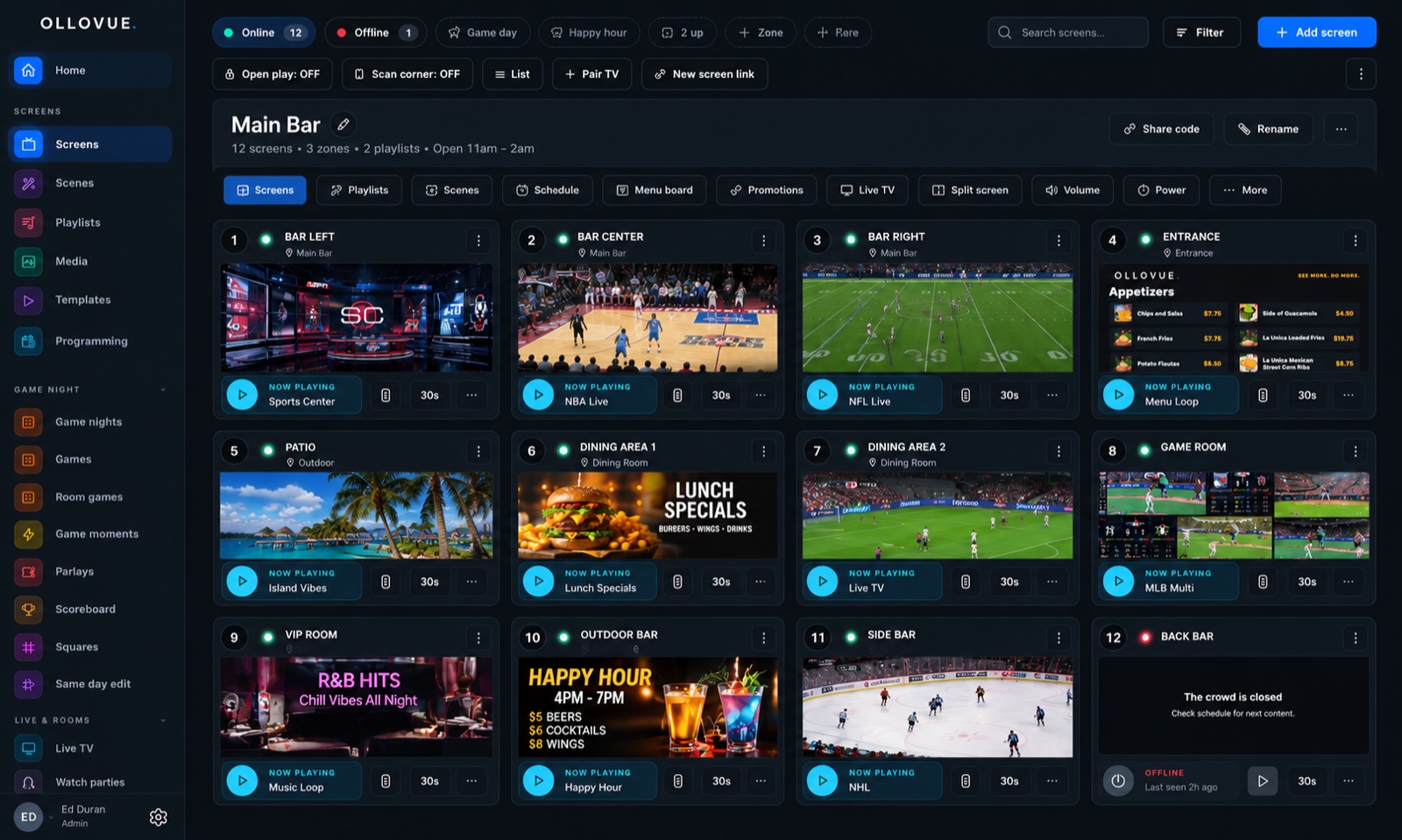 The Screens list with a live thumbnail for each TV