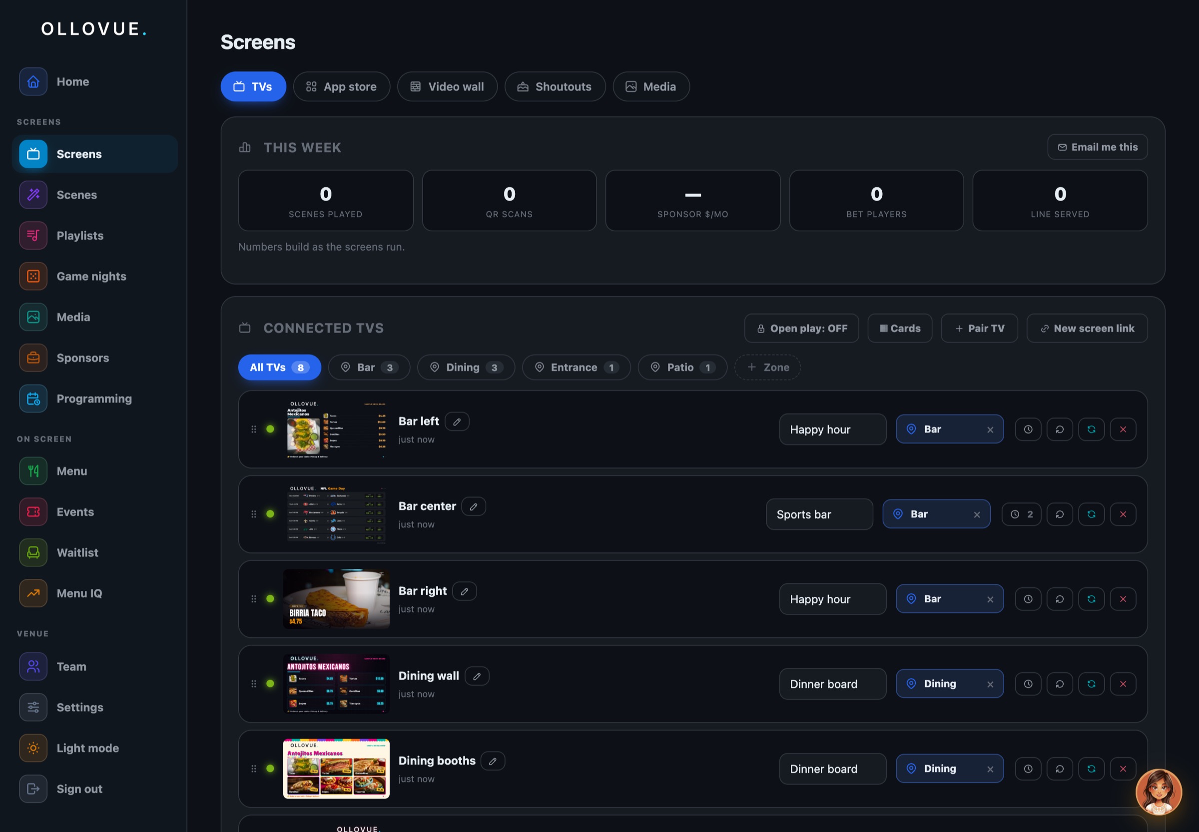 The OlloVue app listing every screen