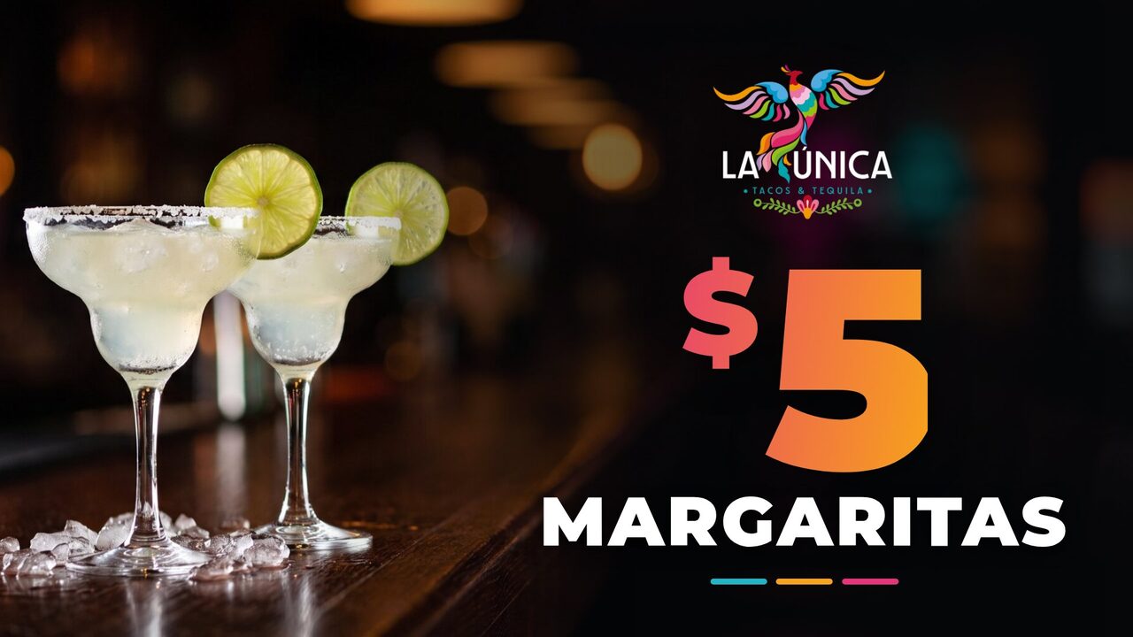 A $5 margaritas promo slide on a TV