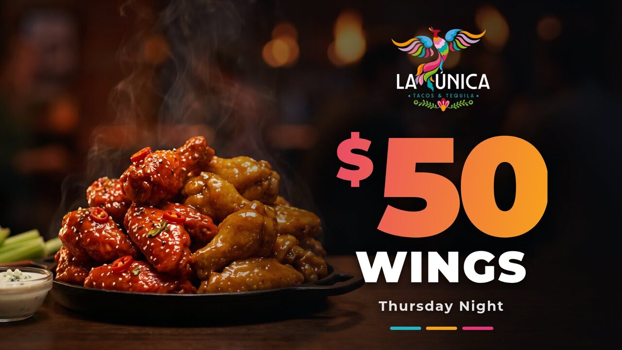 A $50 wings Thursday night promo slide on a TV