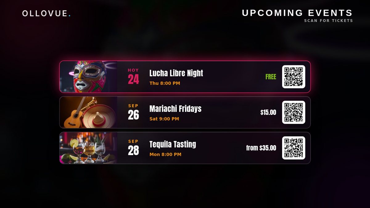 The upcoming events lineup with ticket QR codes